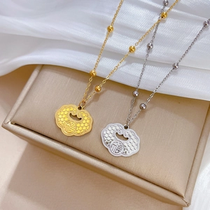 Titanium steel Fu character lock pendant necklaces in gold and silver finish