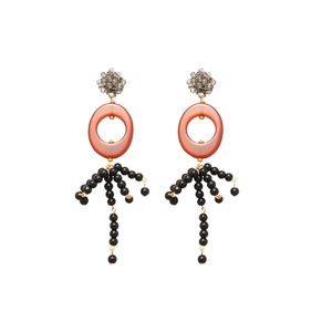 Ethnic crystal tassel necklace and earring set with grey crystals and black beaded fringes
