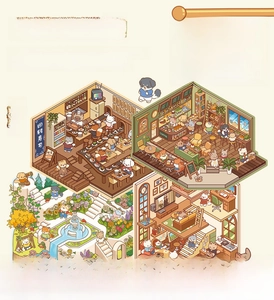 Detail of 3D miniature PET stickers set showing DIY cafe and cat garden scenes
