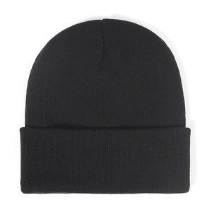 Close-up of the black knitted beanie showing fine texture and warm winter material