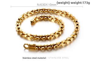 Detailed view of 10mm gold stainless steel hexagonal link chain with lobster clasp