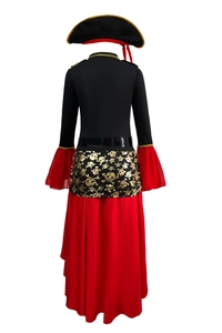 Detailed back view of children pirate costume showing gold skull print and flared sleeves