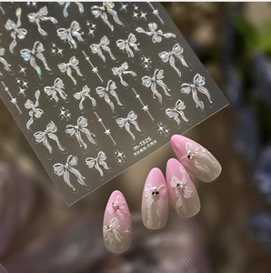 Detailed 3D embossed bow nail stickers with iridescent shell luster for nail art decoration