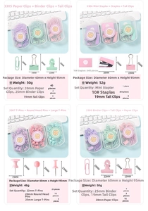 Detail showing pastel macaron office supplies set with dimensions and specifications