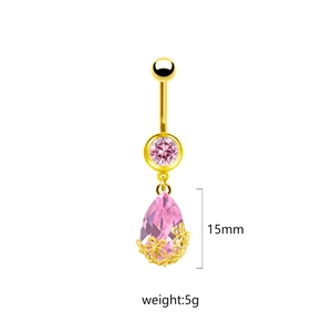Piercing ombelico vintage oro con cristallo rosa a goccia e dettaglio floreale, 15mm