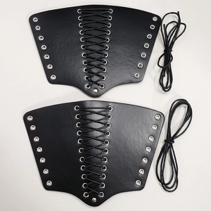Pair of black medieval punk faux leather arm guards with silver eyelets and cross laces