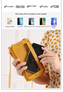 Detail of yellow touch screen phone purse with clear PVC window and cross-body strap