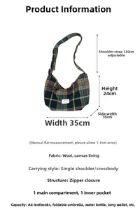 Detailed dimension guide for the plaid wool crossbody bag with size specifications