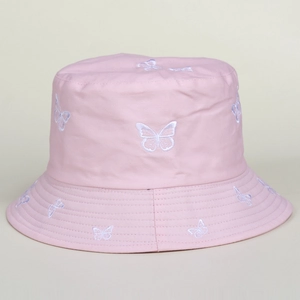 Close-up of pink cotton bucket hat featuring delicate white butterfly embroidery details
