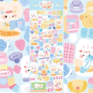 Detailed close-up of colorful cartoon school stickers with laser finish and cute patterns