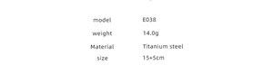 Specifications for the E038 titanium steel bracelet showing 14.0g weight and 15+5cm size
