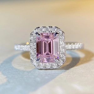 Elegant S925 sterling silver ring with emerald-cut pink sapphire and pave diamonds