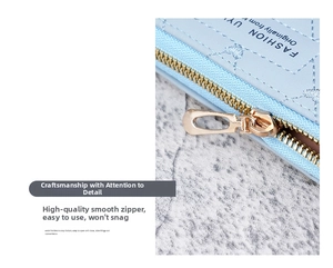 Macro shot of light blue long wallet detail with quilted diamond pattern and gold zipper