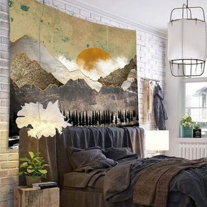 Abstract mountain landscape tapestry with sunset and forest design for bedroom decor