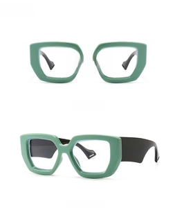Front and side view of modern green oversized thick frame glasses for women