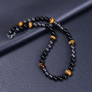 Collier Perles Oeil De Tigre Naturel Obsidienne Agate Noire Hématite Bijoux Énergie Triple Protection Pour Hommes Femmes Tendance