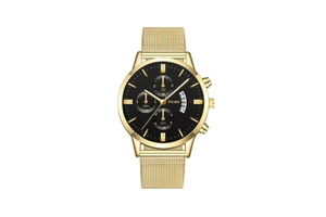Detail of gold mesh strap chronograph watch with black dial and three sub-dials