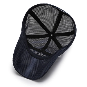 Navy blue breathable mesh baseball cap with six-panel structure and reinforced sweatband