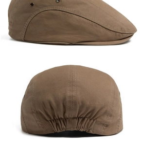 Detailed side and back views of a brown cotton flat cap showing the elastic band design