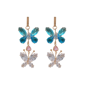 Elegant gold butterfly earrings with blue, white crystals and pink heart stone