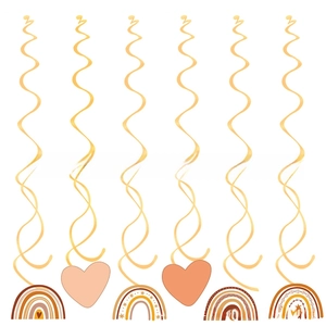 Close-up of bohemian rainbow party swirls and hanging heart decorations for events