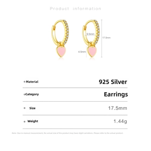 Détails des boucles d'oreilles cœur en argent S925 doré avec émail rose et cristaux