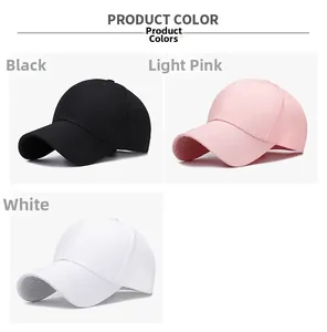 Detailed comparison of cotton baseball caps in black, light pink, and white color options