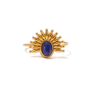 18K gold-plated stainless steel open ring with blue lapis lazuli and sunburst detail