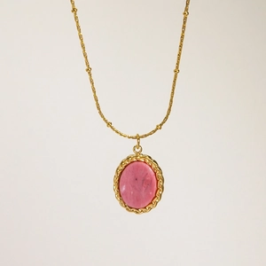 Collar vintage francés con colgante de rodocrosita rosa en acero inoxidable oro de 14K