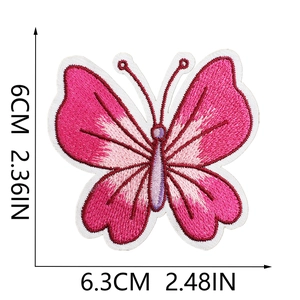 Pink butterfly embroidered patch with white border for clothing, size 6.3cm x 6cm