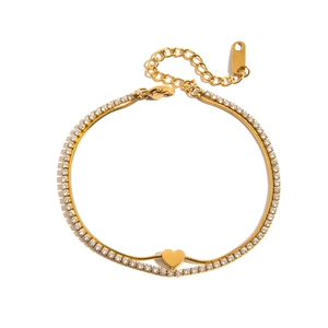 Double-layered gold bracelet with zircon heart pendant and rhinestone snake chain link