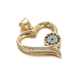 Gold-plated heart pendant featuring evil eye motif with colorful crystals on white background