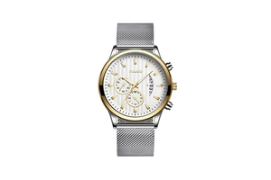 Detail view of quartz watch with white embossed dial and gold-silver bicolor mesh strap