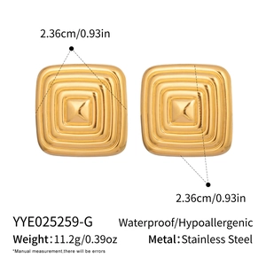 Detail showing gold square stud earrings in stainless steel with dimension and material specs