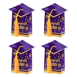 Purple graduation cap gift boxes with gold tassels and Congrats Grad slogan print