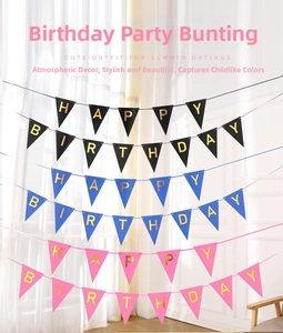 Detail of gold foil Happy Birthday letters on pink, blue, and black triangular bunting flags