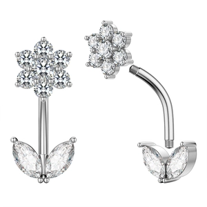 Close-up of flower navel ring with silver steel and sparkling marquise cubic zirconia