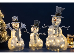 Three glowing Christmas snowmen with LED lights and glitter top hats for winter decor
