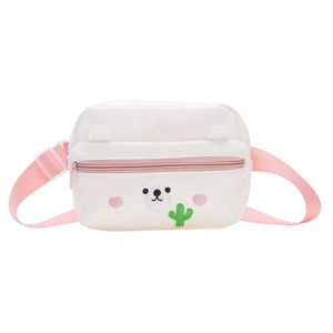 Cute white bear and flower embroidered kids crossbody bag with pink adjustable strap