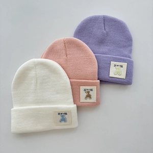 Kids Knitted Beanie Hat Ribbed Acrylic Warm Solid Color Bear Patch Winter Outdoor Boys Girls