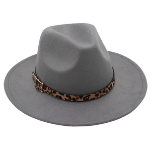 Detail of grey felt fedora hat featuring a leopard print band and gold metal buckle