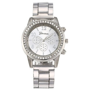 Detailed view of silver Geneva watch with rhinestone bezel and decorative sub-dials