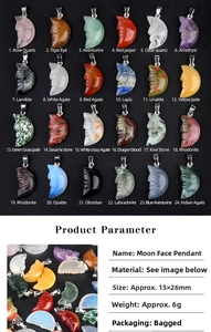 Detailed view of carved moon face pendants in 24 mixed natural stones and quartz