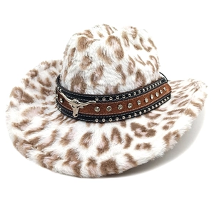Plush leopard print western cowboy hat with studded leather band and silver bull head emblem