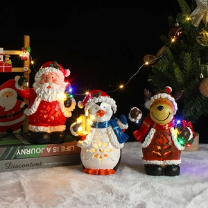 Christmas Resin Ornaments LED Light Up Musical Santa Reindeer Penguin Holiday Desktop Decoration