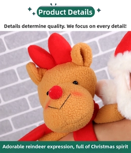 Detail of plush Christmas reindeer slap bracelet with soft brown fabric and red antlers