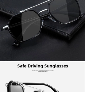 Macro view of black polygonal polarized sunglasses with metallic temple accents