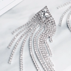 Detailed macro view of silver tassel earrings with sparkling clear zircons and long fringe