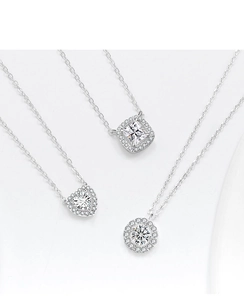 Detailed view of S925 sterling silver heart square and round pendant necklaces with cubic zirconia