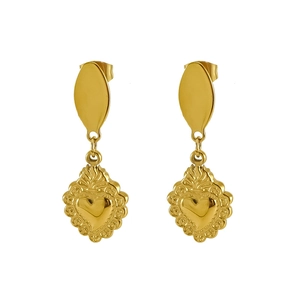 Boucles d'oreilles vintage en acier inoxydable doré avec pendentif sacré cœur